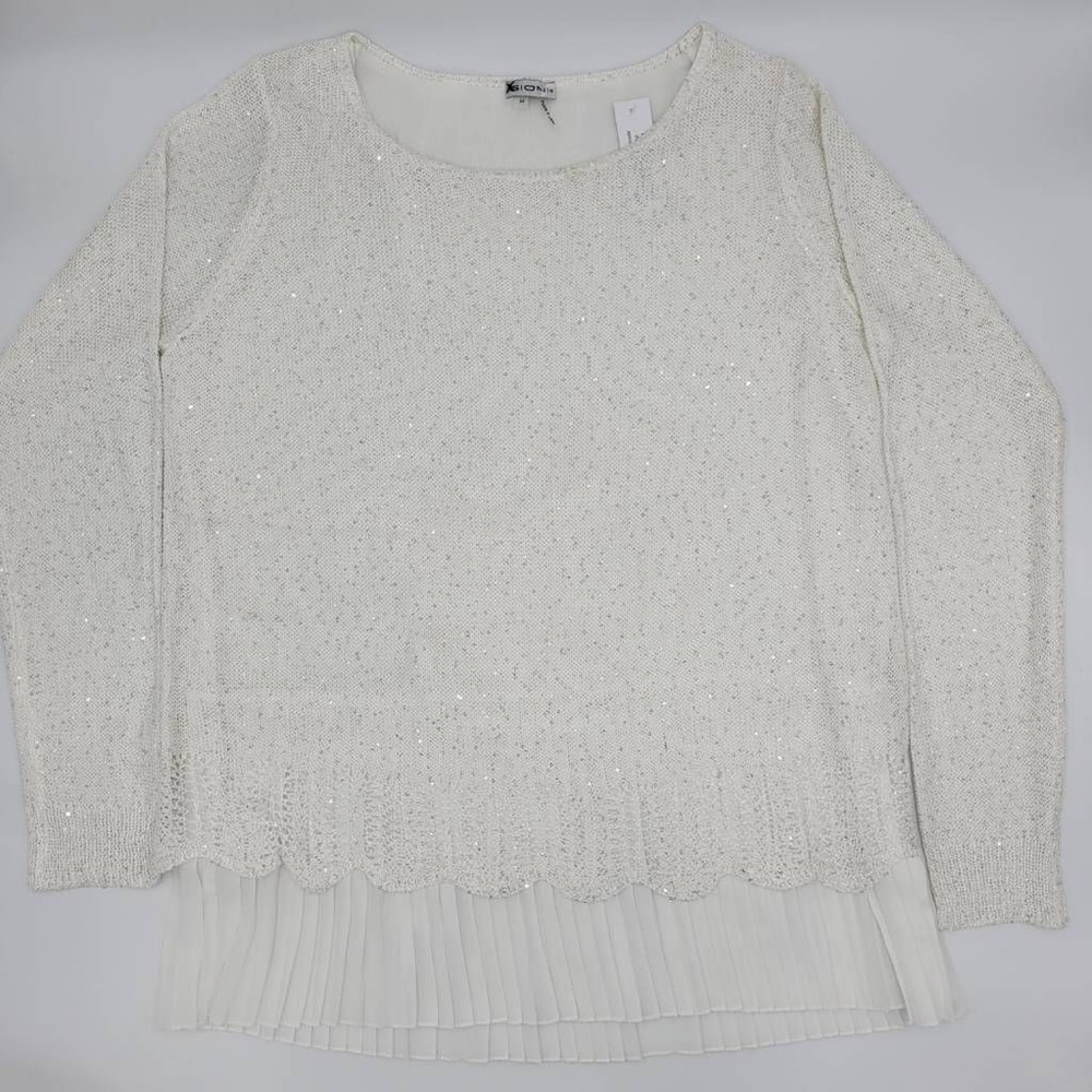 Sioni Womens Layered Sweater Blouse Ivory Knit Long Sleeve Scoop Neck Sequin M